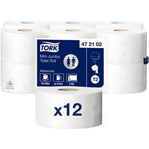 Tork 472102 Rotoli di Carta Igienica Mini Jumbo Advanced, compatibili con sistema T2 Mini, 2 veli, 1 conf. x 12 rotoli (12 x 180 m), 514 strappi x rotolo, bianco
