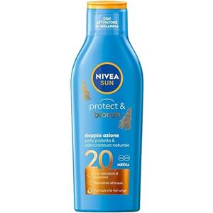 NIVEA SUN Latte Solare Protect & Bronze FP 20 200 ml, Crema solare 20 per un'abbronzatura dorata, intensa e uniforme, Protezione solare 20 con attivatore di melanina