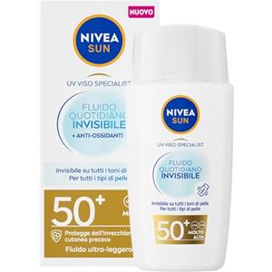 NIVEA SUN Fluido Quotidiano Invisibile SPF 50+ 40 ml, Crema viso SPF 50+ invisibile su tutti i tipi di pelle, Protezione solare viso in fluido ultraleggero e opacizzante ad assorbimento rapido