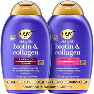 OGX Set Capelli Shampoo e Balsamo Thick & Full + Biotin & Collagen, Cofanetto con shampoo capelli fini e balsamo volumizzante capelli, Kit con prodotti per capelli fini e diradati, 2 x 385 ml