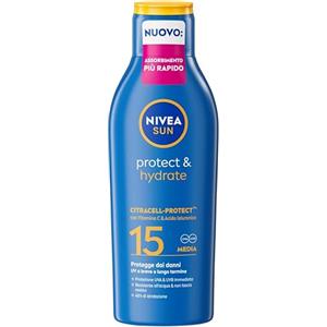 NIVEA SUN Protect & Hydrate SPF 15 200 ml, Crema solare 15 idratante 48h ad assorbimento rapido, Protezione solare 15 resistente all'acqua arricchita con Vitamina C e Acido Ialuronico