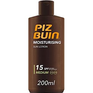PIZ BUIN Moisturising Latte Solare SPF 15, Crema solare 15 idratante, Protezione solare 15 con filtro solare UVA/UVB e Glicerina, Latte solare SPF15 resistente all'acqua e al sudore, 200 ml
