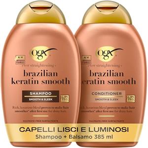 OGX Set Capelli Shampoo e Balsamo Ever Straightening + Brazilian Keratin Smooth, Cofanetto con balsamo e shampoo cheratina districante capelli, Kit con prodotti per capelli crespi e ricci, 2 x 385 ml
