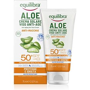 Equilibra Solari, Aloe Crema Solare Viso Anti-age SPF 50+, Protezione Solare Viso a Base di Aloe Vera, Olio di Argan, Olio di Cocco, con Vitamina C ed E e Olio di Carota, Water resistant, 75 ml
