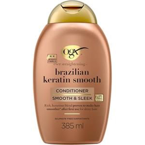 OGX Balsamo Cheratina Ever Straightening + Brazilian Keratin Smoothn cheratina per capelli lisciante e Olio di Cocco e Avocado districante capelli, Balsamo capelli ricci, mossi e crespi, 385