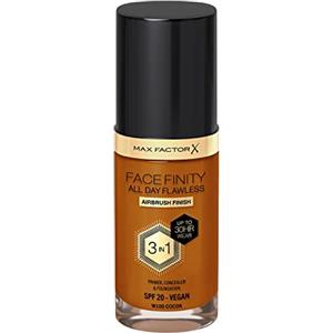 Max Factor Fondotinta Facefinity All Day Flawless - Correttore, Fondotinta liquido e primer viso 3-in-1, Formula vegan, Copertura modulabile, Tenuta fino a 30 ore, SPF20 - W100 Cocoa, 30 ml