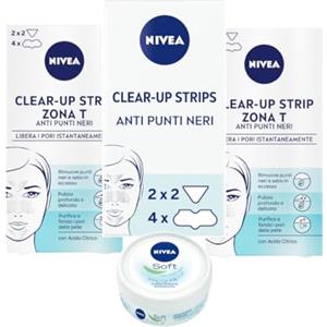 NIVEA Clear-Up Strips Zona T Cerotti punti neri in confezione da 3 x 6 pezzi, Cerotti anti-imperfezioni per la pulizia viso e NIVEA Soft Mini crema viso, corpo e mani da 25 g in omaggio