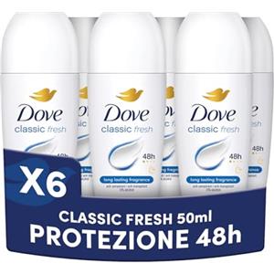 Dove Deodorante Roll On, Classic Care, Deodorante Antitraspirante Roll On, Protezione Fino a 48 Ore, con 1/4 di Crema Idratante, Formula Delicata, Deodorante Uomo e Donna, 6 Pezzi da 50 ml