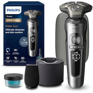 Philips Shaver S9000 Prestige, rasoio elettrico Wet & Dry, Bright Chrome, tecnologia Lift & Cut e SkinIQ, rifinitore di precisione, custodia per la pulizia e astuccio di qualità, modello SP9841/32