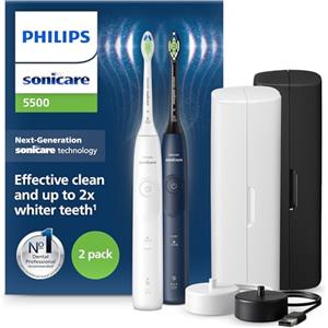 Philips Sonicare 5500, spazzolino elettrico sonico con 2 modalità, avviso di pressione, EasyStart, Smartimer e BrushPacer, bianco e blu navy, confezione da 2, modello HX7119/01 [Nuova tecnologia]