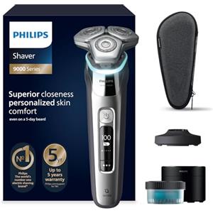 Philips Shaver S9000, rasoio elettrico Wet & Dry, tecnologia Lift & Cut e SkinIQ, rifinitore a scomparsa, custodia per pulizia, supporto ricarica, custodia viaggio, Chrome Silver, modello S9975/54