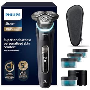 Philips Shaver S9000 - Rasoio elettrico Wet & Dry uomo, tecnologia Lift & Cut e SkinIQ, rifinitore a scomparsa, custodia per la pulizia, supporto di ricarica e custodia da viaggio (modello S9976/63)