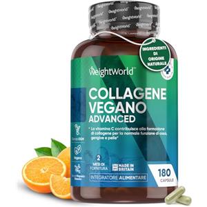 WeightWorld Collagene Vegano + Acido Ialuronico WeightWorld, 180 Collagene Capsule Alta Biodisponibilità, Acido Ialuronico con Vitamina C, Vitamina E, Zinco, Integratore Senza Glutine né OGM