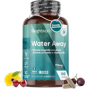 WeightWorld Water Away, 180 Capsule Vegane (Scorta per 3 Mesi), Diuretico con Potassio, Mirtillo Rosso, Vitamina B6, Bacche di Ginepro, Tè Verde, Radice Dente di Leone, Senza Magnesio Stearato, Ritenzione Idrica