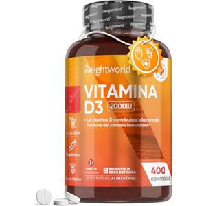 WeightWorld Vitamina D 2000 ui (50mcg) Dosaggio Ottimale, (Scorta per 13+ Mesi), 400 Compresse di Vitamina D3 Colecalciferolo, Ossa, Denti, Muscoli, Sistema Immunitario, Vit D, Integratore Vegetariano, Senza OGM