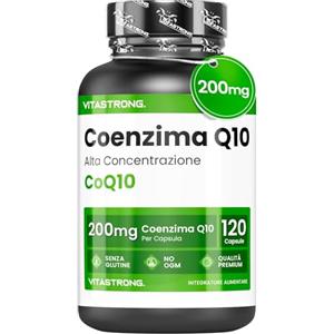 Vitastrong. Coenzima Q10 200mg Alto Dosaggio, 1 Capsula al Giorno per 4 Mesi, 120 Capsule CoQ10 200mg Ognuna, Q10 Coenzima Premium Quality, Senza Glutine né OGM, Integratore Made in Italy Certificato