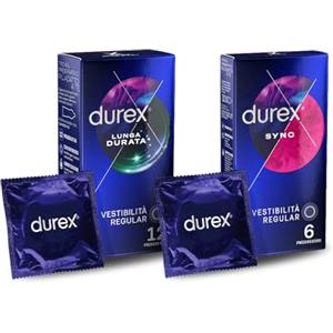 Durex Kit Lunga Durata, Preservativi Durex Lunga Durata + Durex Sync, Preservativi Ritardanti per Lui e con Rilievi e Nervature per Lei, 18 Profilattici
