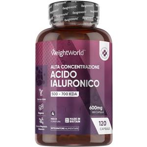 WeightWorld Acido Ialuronico Vegano da 600mg, 120 Capsule, 1 al Giorno, (Scorta per 4 Mesi), Acido Ialuronico Integratore da Sodio Ialuronato, Hyaluronic Acid con 500-700 kDa, Senza Magnesio Stearato né Glutine