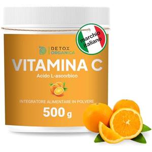 Detox Organica-Vitamina C polvere pura 500 g-1000 mg per porzione-Fornitura per 16 mesi-Supporto Sistema Immunitario-Riduzione Stanchezza-Testata in Laboratorio-Vegan e Senza Glutine-Con Misurino