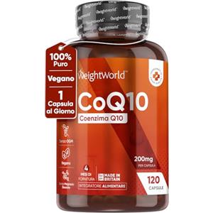 WeightWorld Coenzima Q10 200mg, Ubiquinone Puro 100%, 120 Capsule Vegane (4 Mesi), Alto Dosaggio,1 Capsula al Giorno, Coq10 200mg Fermentato Naturalmente, Coq10 ad Alta Biodisponibilità Senza OGM, Q10 Coenzima