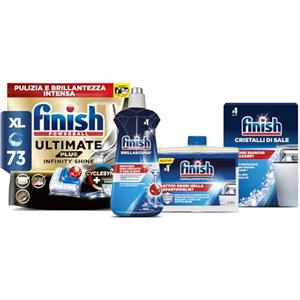 Finish Kit Lavastoviglie, 73 Pastiglie Ultimate PLUS Infinity Shine contro lo Sporco e i Residui Incrostati, Brillantante Regular 500ml, Curalavastoviglie Regular 250ml, Cristalli di Sale 1kg