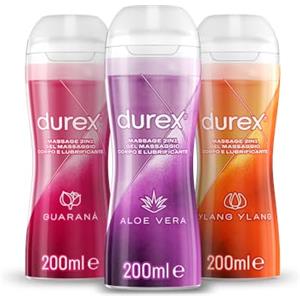 Durex Kit Durex gel Massage 2in1 Aloe vera, Guaranà, Ylang Ylang 200ml x3, Lubrificanti intimi e per massaggi, 600ml