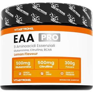 Vitastrong. Aminoacidi Essenziali EAA PRO Vitastrong, 9 EAA Aminoacidi Essenziali Polvere 300g, BCAA Amminoacidi Ramificati, Glutammina, L Citrullina, L-Tirosina, L Lisina, L Triptofano, Metionina, Gusto Limone
