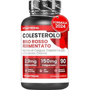Vitastrong. Riso Rosso Fermentato Colesterolo Vitastrong, 2,9 mg di Monacolina K, Integratori Colesterolo con CoQ10, Caigua, γ-Oryzanol, Policosanolo, e Cromo, 90 Compresse Riso Rosso Fermentato (Red Yeast Rice)