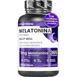 Vitastrong. Melatonina Vitastrong Complex 365 Micro-Compresse, Melatonina 1mg con Camomilla, Valeriana, Lavanda e Vitamina B6, Melatonina per Dormire, Sonno, Jet Lag, Melatonina Pura Lento Rilascio Senza Zucchero