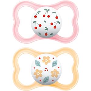 MAM Air Succhietto 6-16 Mesi (Set da 2), Ciuccio MAM 6-16 mesi per pelli sensibili e delicate, Kit da 2 accessori neonato con tettarella in silicone e porta ciuccio sterilizzatore, Rosa/Neutro