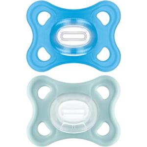 MAM Comfort Succhietto 3-12 mesi (Set da 2), Ciuccio MAM 3-12 mesi in 100% silicone con design unico, Kit da 2 accessori neonato morbidi e leggeri con porta ciuccio sterilizzatore, Azzurro/Neutro