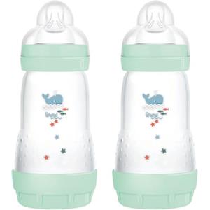 MAM Biberon Easy Start Anti-Colica, Set di 2 Biberon per Bambini di 2-4 Mesi, 260 ml con Tettarella Flusso 2 per 2+ mesi in Silicone SkinSoft, Bio-circolare, Verde