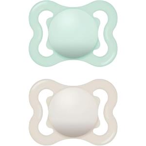 MAM Air Succhietto 2-6 Mesi (Set da 2), Ciuccio MAM 2-6 mesi per pelli sensibili e delicate, Kit da 2 accessori neonato con tettarella in caucciù naturale e porta ciuccio sterilizzatore, Verde/Neutro