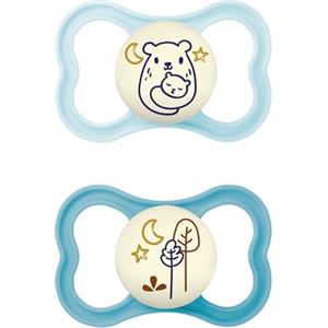 MAM Air Night Succhietto 6-16 Mesi (Set da 2), Ciuccio MAM 6-16 mesi che si illumina al buio per pelli sensibili, Kit da 2 accessori neonato con tettarella in silicone e porta ciuccio, Azzurro/Celeste