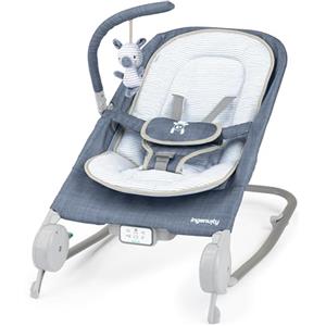 Ingenuity, Sedile sdraietta-dondolo Happy Belly, con musica, vibrazioni, barra dei giocattoli rimovibile, zebra di peluche, 0-6 mesi, blu - Chambray