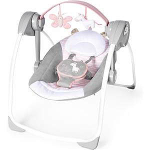 Ingenuity, Altalena e Dondolo Pieghevole e Compatta, Flora l'Unicorno - 6 Velocità di Oscillazione, Temporizzatore, 12 Melodie Rilassanti, Arco di Gioco Rimovibile, Rosa, per Neonato Fino a 9kg