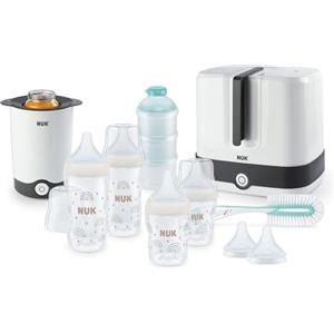 NUK Confezione Completa Perfect Match | 6+ Mesi | Sterilizzatore Vario Express, 4 Biberon, Scalda Biberon, Scovolino e Altro | Arcobaleno | 8 Pezzi