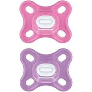MAM Comfort Succhietto 0-3 mesi (Set da 2), Ciuccio MAM 0-3 mesi in 100% silicone con design unico, Kit da 2 accessori neonato morbidi e leggeri con porta ciuccio sterilizzatore, Rosa/Viola