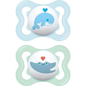 MAM Air Succhietto 2-6 Mesi (Set da 2), Ciuccio MAM 2-6 mesi per pelli sensibili e delicate, Kit da 2 accessori neonato con tettarella in silicone e porta ciuccio sterilizzatore, Azzurro/Verde