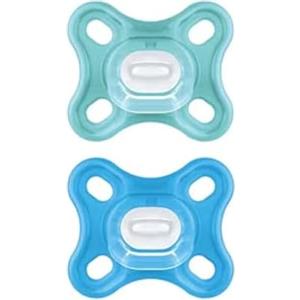 MAM Comfort Succhietto 0-3 mesi (Set da 2), Ciuccio MAM 0-3 mesi in 100% silicone con design unico, Kit da 2 accessori neonato morbidi e leggeri con porta ciuccio sterilizzatore, Azzurro