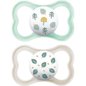 MAM Air Succhietto 6-16 Mesi (Set da 2), Ciuccio MAM 6-16 mesi per pelli sensibili e delicate, Kit da 2 accessori neonato con tettarella in silicone e porta ciuccio sterilizzatore, Celeste/Neutro