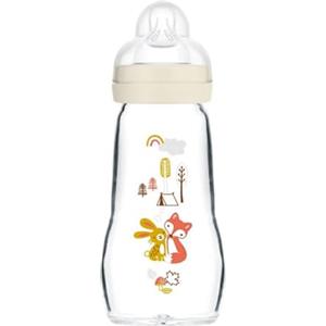 MAM Biberon Feel Good 260 ml, Biberon vetro pregiato resistente alle alte temperature, Accessori neonati ergonomici per uso quotidiano e allattamento misto con morbida tettarella misura 2, Neutro