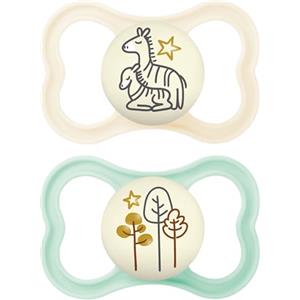 MAM Air Succhietto 16+ Mesi (Set da 2), Ciuccio MAM 16-36 mesi che si illumina al buio, Kit da 2 accessori neonato con tettarella in silicone e porta ciuccio sterilizzatore, Neutro/Verde