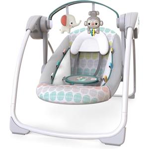 Bright Starts Altalena Automatica Portatile a 6 Velocità per Bambini, Compatta e Pieghevole, Musica, Barra Giocattoli, 0-9 Mesi 3-9 kg (Whimsical Wild)