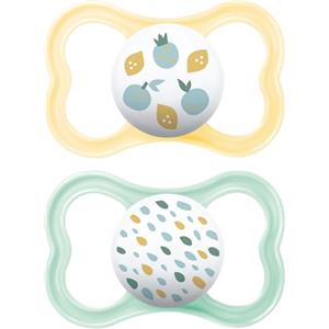 MAM Air Succhietto 16+ Mesi (Set da 2), Ciuccio MAM 16-36 mesi per pelli sensibili e delicate, Kit 2 accessori neonato con tettarella in caucciù naturale e porta ciuccio sterilizzatore, Neutro/Giallo
