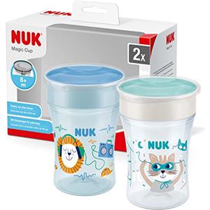 NUK Magic Cup Bicchiere Antigoccia | Bordo Anti-rovesciamento A 360° | 8+ Mesi | Senza Bpa, 2 Pezzi, colore Blu, Leone + Gatto, 230 ml