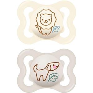 MAM Air Succhietto 2-6 Mesi (Set da 2), Ciuccio MAM 2-6 mesi per pelli sensibili e delicate, Kit da 2 accessori neonato con tettarella in silicone e porta ciuccio sterilizzatore, Neutro/Beige