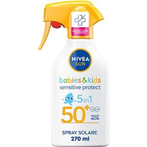 NIVEA SUN Kids Maxi Spray Solare Sensitive Protect & Play SPF 50+ 270 ml, Crema solare 50+ bambini e neonati dai 6 mesi in su, Proezione spray per pelle sensibili e delicate