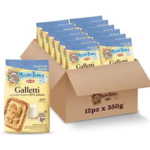 Mulino Bianco Biscotti Frollini Galletti, 12 Pack da 350 g con Latte Fresco 100% Italiano, Senza Olio di Palma, Colazione Ricca di Gusto