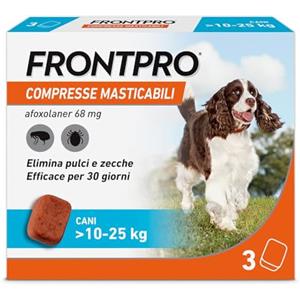 FRONTPRO 3 Compresse Masticabili Antiparassitario per Cani di Peso > 10-25 kg Protegge da Pulci Zecca Uova e Larve Antipulci in Confezione da 3 Compresse da 68 mg di Afoxolaner, 10kg-25kg